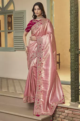 gajri pink embroidered jacquard silk blend wedding saree with blouse fabric