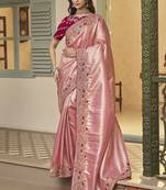 gajri pink embroidered jacquard silk blend wedding saree with blouse fabric