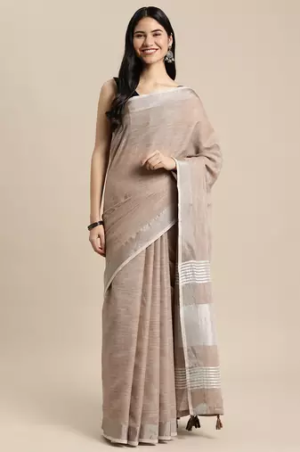 beige color linen cotton solid saree with running blouse