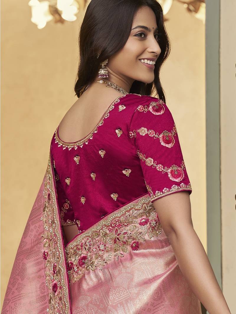 gajri pink embroidered jacquard silk blend wedding saree with blouse fabric