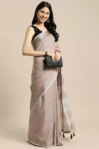 beige color linen cotton solid saree with running blouse