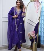 Women’s chanderi silk embroidered royal blue kurta pant set with chanderi dupatta