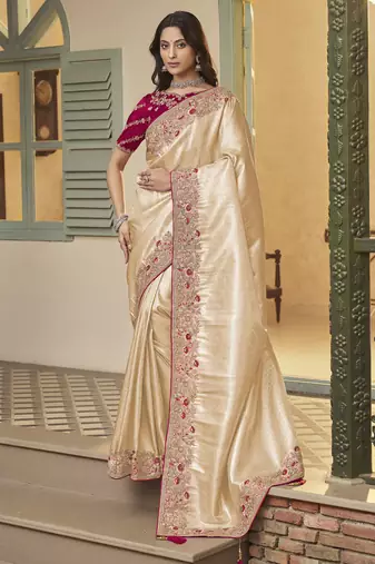 gold embroidered jacquard silk blend wedding saree with blouse fabric