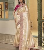 gold embroidered jacquard silk blend wedding saree with blouse fabric
