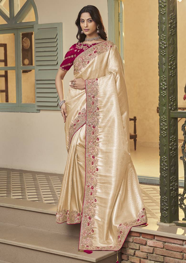 gold embroidered jacquard silk blend wedding saree with blouse fabric