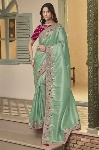 sea green embroidered jacquard silk blend wedding saree with blouse fabric