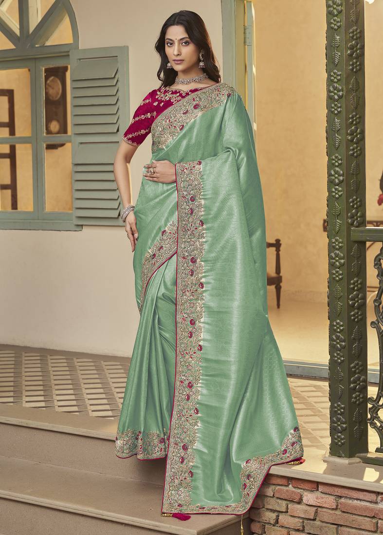 sea green embroidered jacquard silk blend wedding saree with blouse fabric