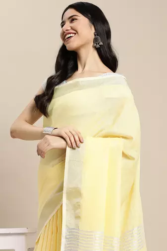yellow color linen cotton solid saree with running blouse