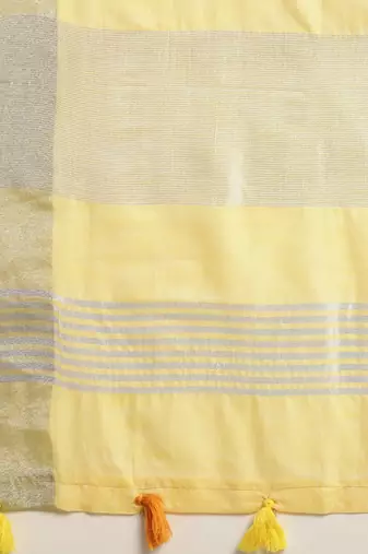 yellow color linen cotton solid saree with running blouse