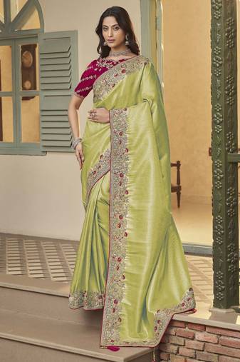 light green embroidered jacquard silk blend wedding saree with blouse fabric