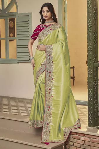 light green embroidered jacquard silk blend wedding saree with blouse fabric