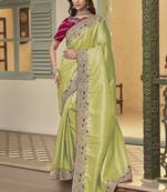 light green embroidered jacquard silk blend wedding saree with blouse fabric