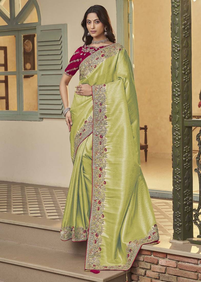 light green embroidered jacquard silk blend wedding saree with blouse fabric
