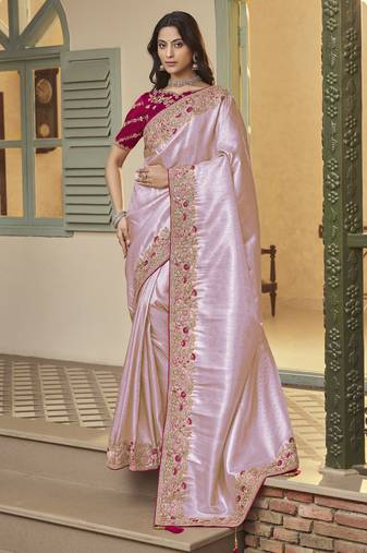 lavender embroidered jacquard silk blend wedding saree with blouse fabric