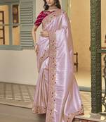 lavender embroidered jacquard silk blend wedding saree with blouse fabric