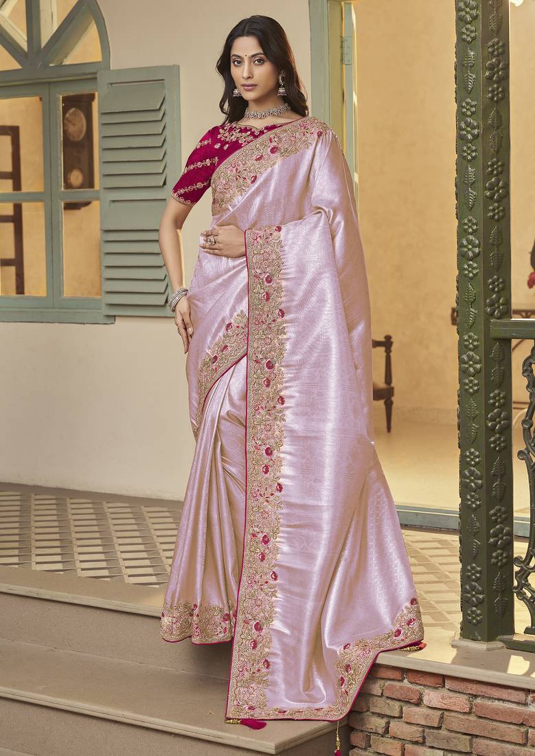 lavender embroidered jacquard silk blend wedding saree with blouse fabric