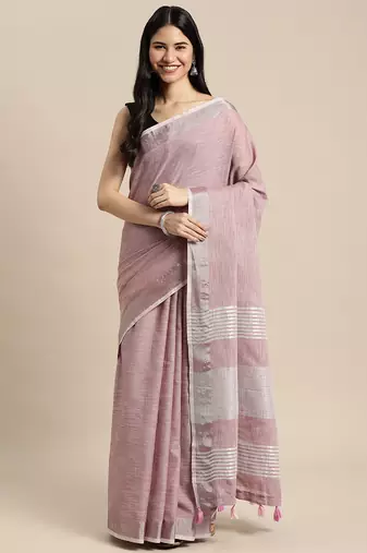 purple color linen cotton solid saree with running blouse