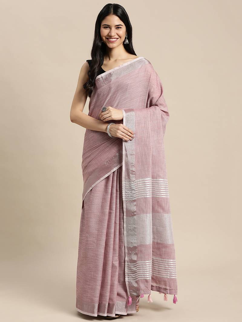 purple color linen cotton solid saree with running blouse