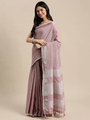 purple color linen cotton solid saree with running blouse 3