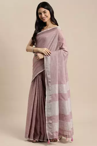 purple color linen cotton solid saree with running blouse