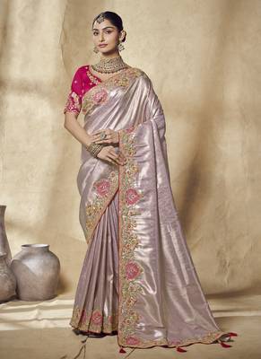 lavender embroidered jacquard silk blend wedding saree with blouse fabric 1