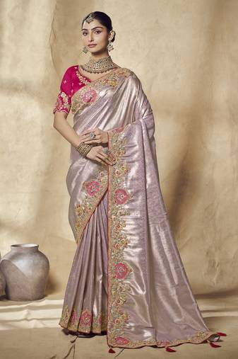 lavender embroidered jacquard silk blend wedding saree with blouse fabric