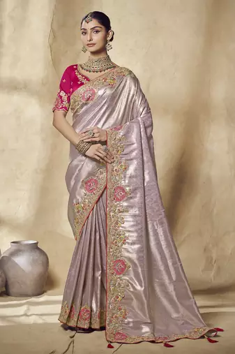 lavender embroidered jacquard silk blend wedding saree with blouse fabric
