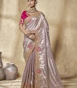 lavender embroidered jacquard silk blend wedding saree with blouse fabric