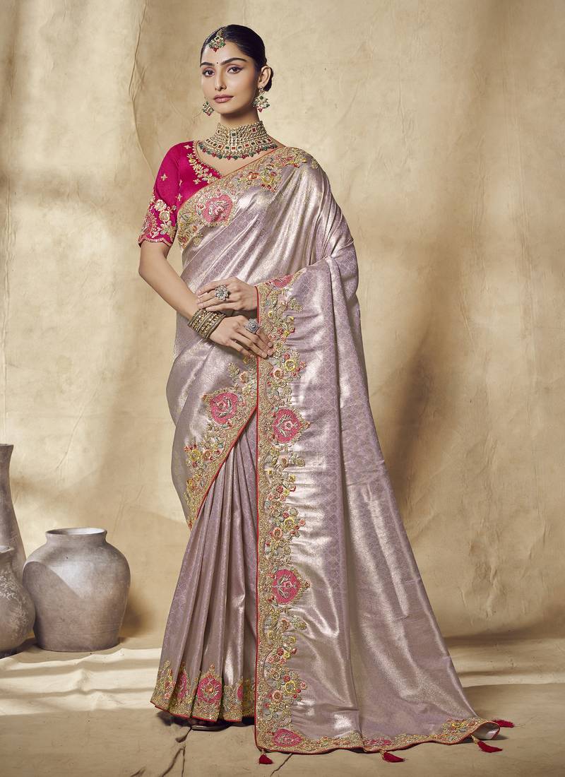 lavender embroidered jacquard silk blend wedding saree with blouse fabric