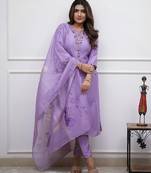 Women’s rayon silk embroidered lavender kurta pant set with chanderi dupatta