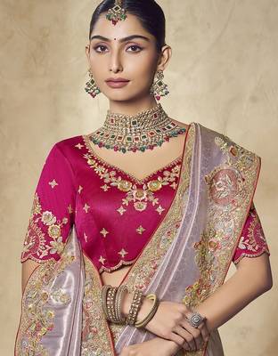 lavender embroidered jacquard silk blend wedding saree with blouse fabric 2