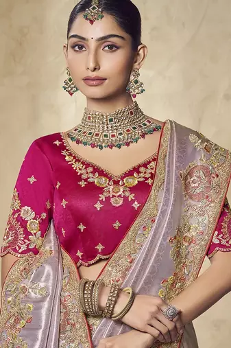 lavender embroidered jacquard silk blend wedding saree with blouse fabric