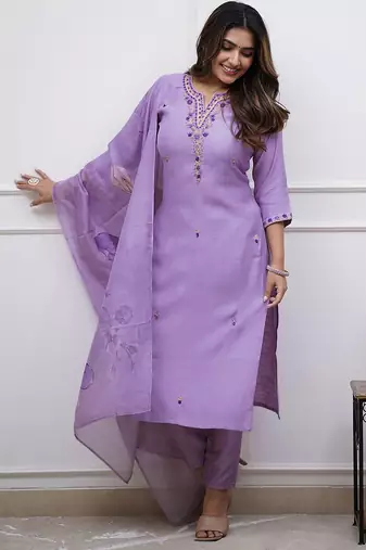  rayon silk embroidered lavender kurta pant set with chanderi dupatta