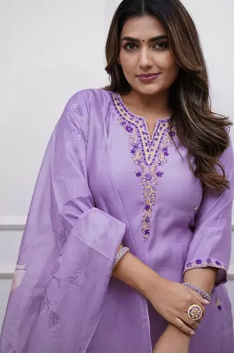  rayon silk embroidered lavender kurta pant set with chanderi dupatta