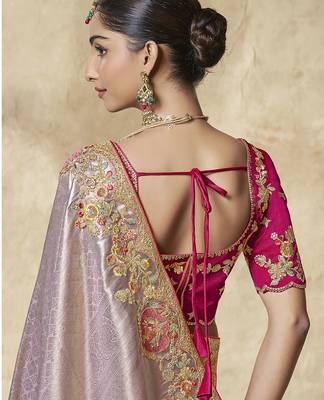 lavender embroidered jacquard silk blend wedding saree with blouse fabric 3
