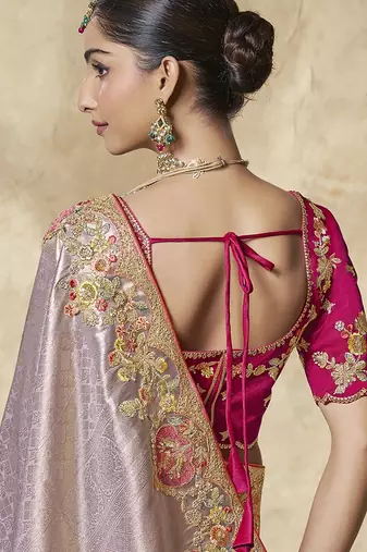 lavender embroidered jacquard silk blend wedding saree with blouse fabric