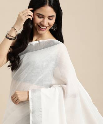 white color linen cotton solid saree with running blouse 3