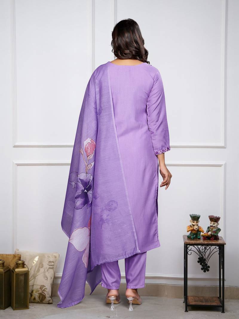 Women’s rayon silk embroidered lavender kurta pant set with chanderi dupatta