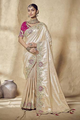 gold embroidered jacquard silk blend wedding saree with blouse fabric