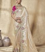 gold embroidered jacquard silk blend wedding saree with blouse fabric