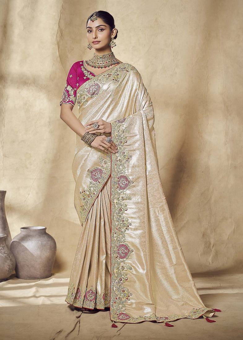 gold embroidered jacquard silk blend wedding saree with blouse fabric