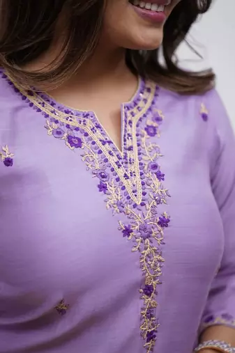  rayon silk embroidered lavender kurta pant set with chanderi dupatta