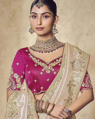 gold embroidered jacquard silk blend wedding saree with blouse fabric 2