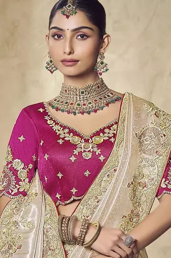 gold embroidered jacquard silk blend wedding saree with blouse fabric