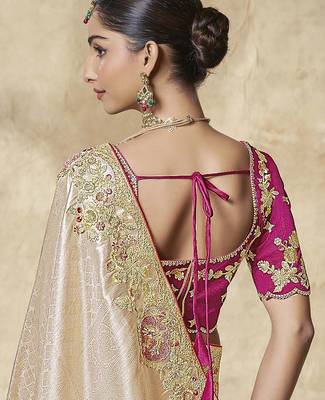 gold embroidered jacquard silk blend wedding saree with blouse fabric 3