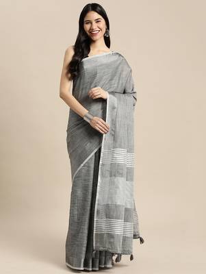 darkgrey color linen cotton solid saree with running blouse 1
