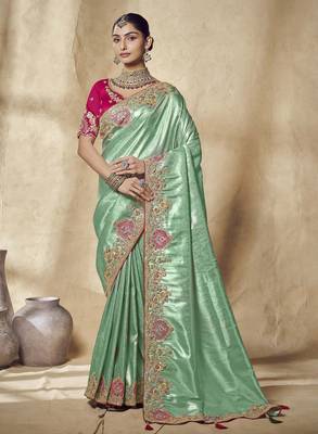 light_green embroidered jacquard silk blend wedding saree with blouse fabric 1