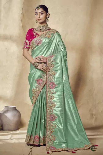 light_green embroidered jacquard silk blend wedding saree with blouse fabric