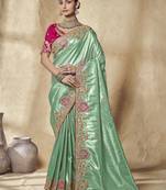 light_green embroidered jacquard silk blend wedding saree with blouse fabric