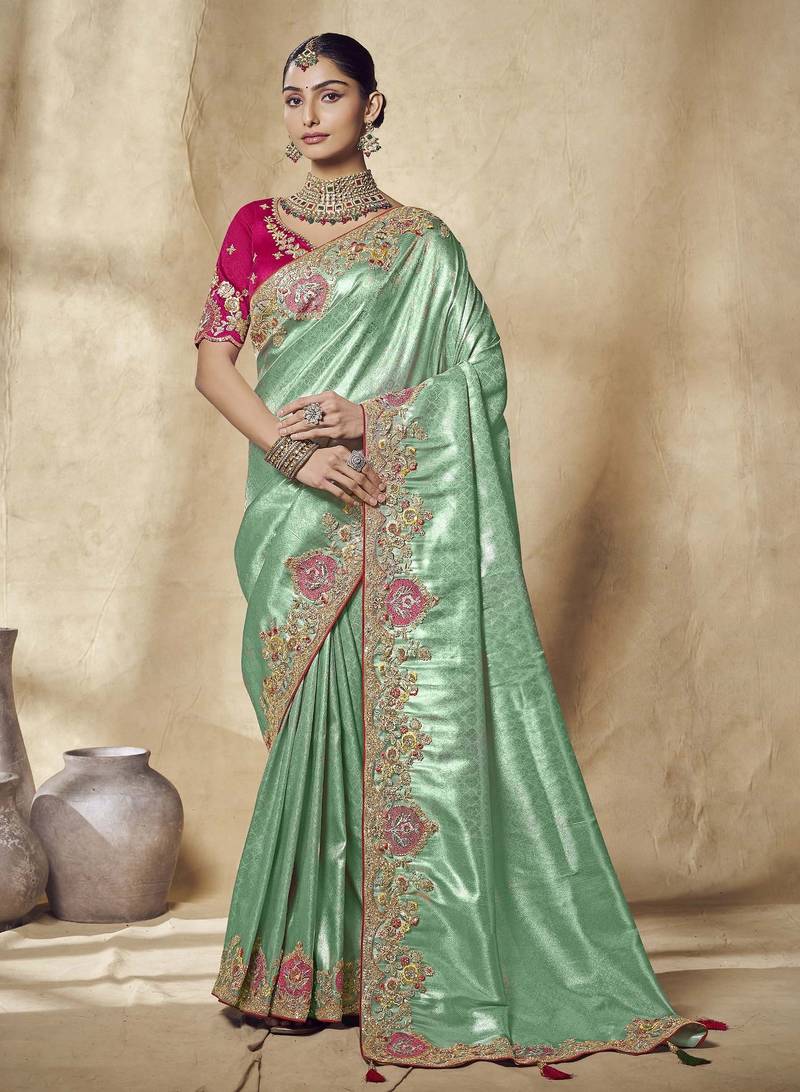 light_green embroidered jacquard silk blend wedding saree with blouse fabric